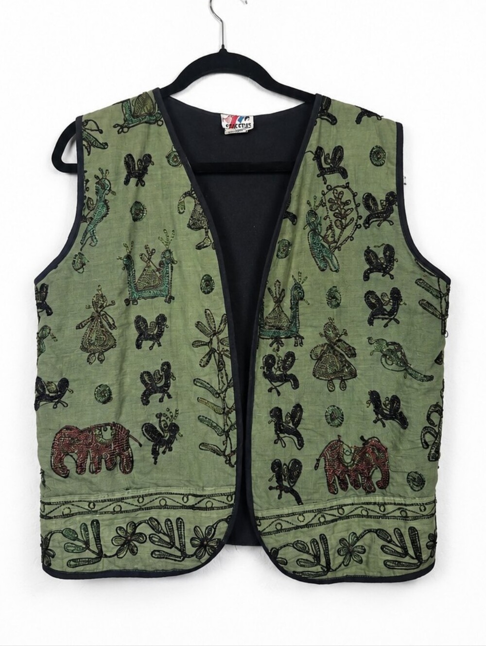 Vintage 90's Kaktus India Embroidered Elephant Vest Boho Art to Wear Folk Small